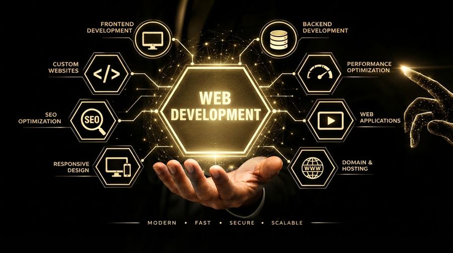 Web development services: custom websites, frontend and backend, SEO, responsive design, hosting